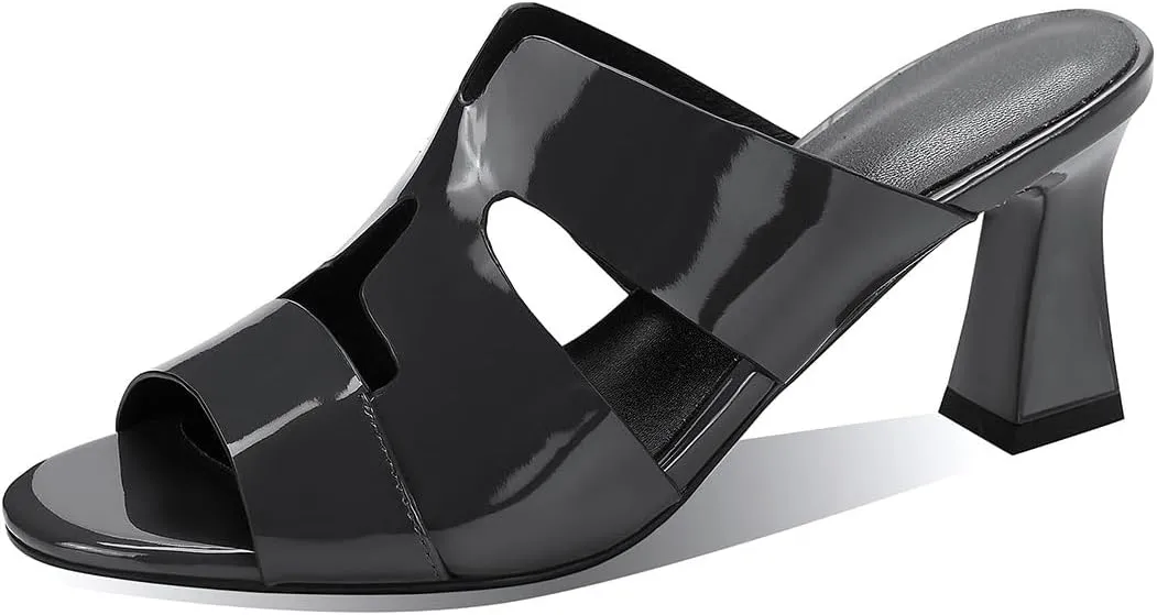 iadore Women Fashion Low Chunky Heel Shoes Chic Round Toe Patent Leather Mules Shoes Chic Slip-on Dress Sandals Size 5-12 US