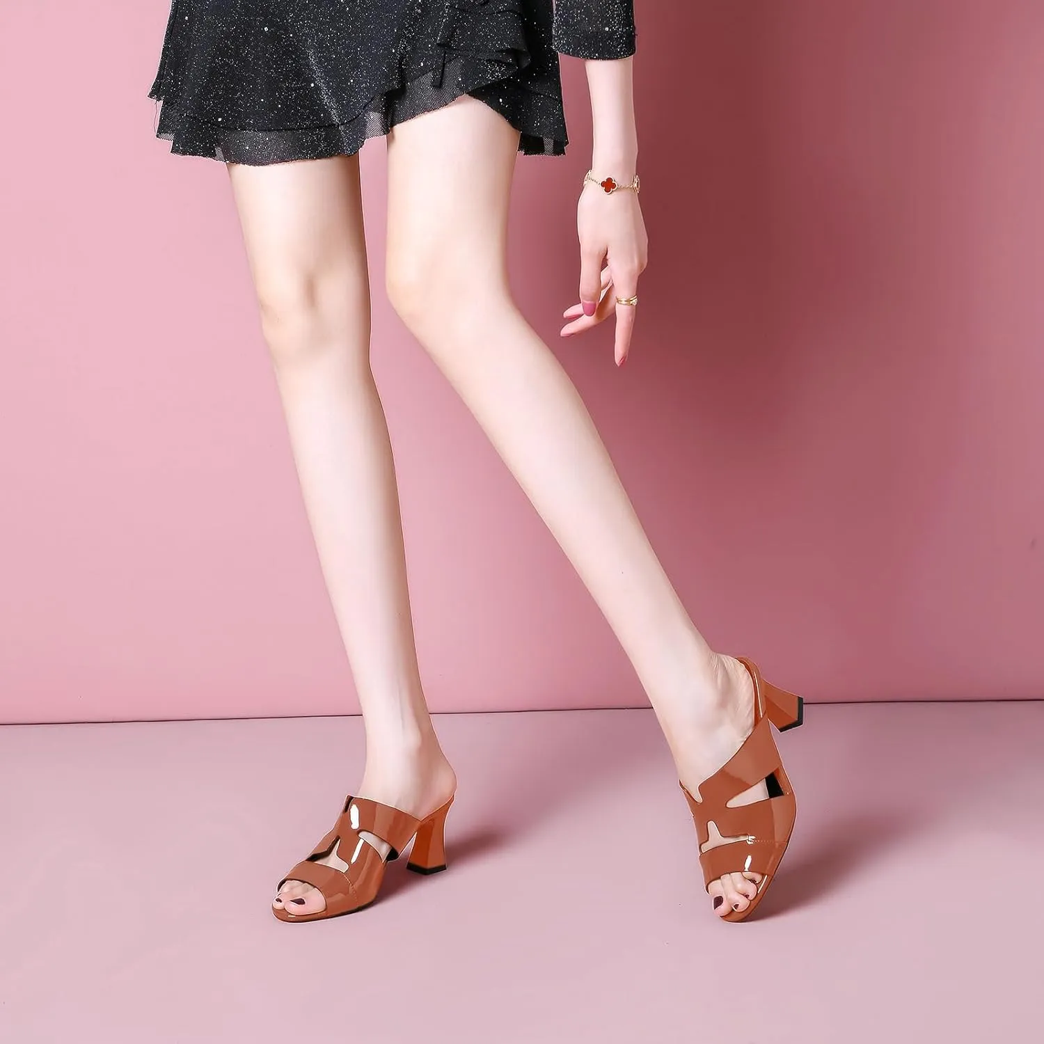iadore Women Fashion Low Chunky Heel Shoes Chic Round Toe Patent Leather Mules Shoes Chic Slip-on Dress Sandals Size 5-12 US