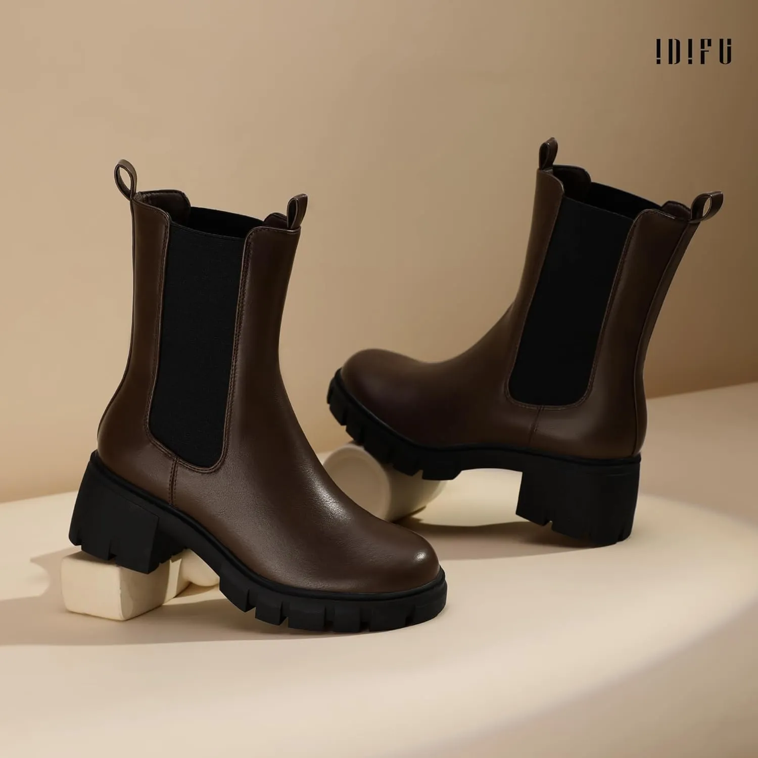 IDIFU IN2 Chelsea Ankle Boots for Women Low Short Block Chunky Heel Mid Calf Slip On Lug Sole Platform Fall Dress Booties Ladies Fashion Comfortable Casual Cute Trendy Elastic Thick Boots