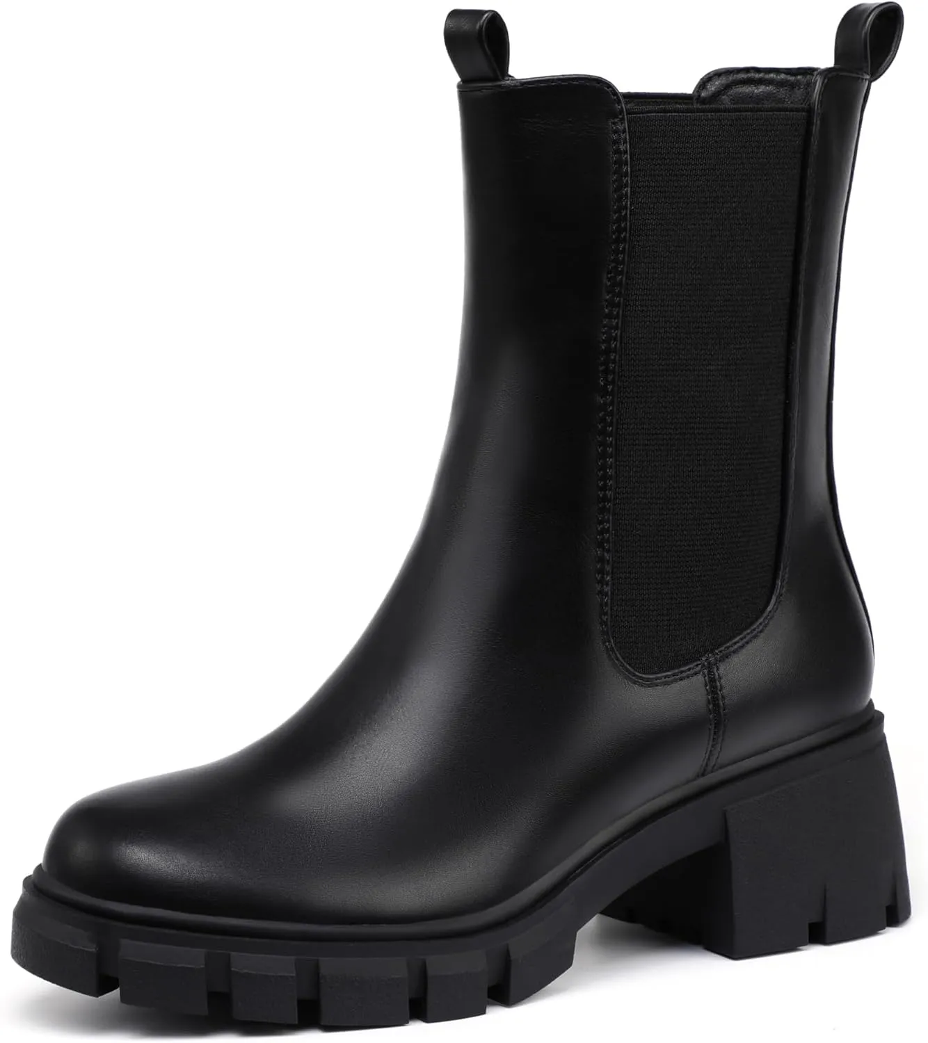 IDIFU IN2 Chelsea Ankle Boots for Women Low Short Block Chunky Heel Mid Calf Slip On Lug Sole Platform Fall Dress Booties Ladies Fashion Comfortable Casual Cute Trendy Elastic Thick Boots