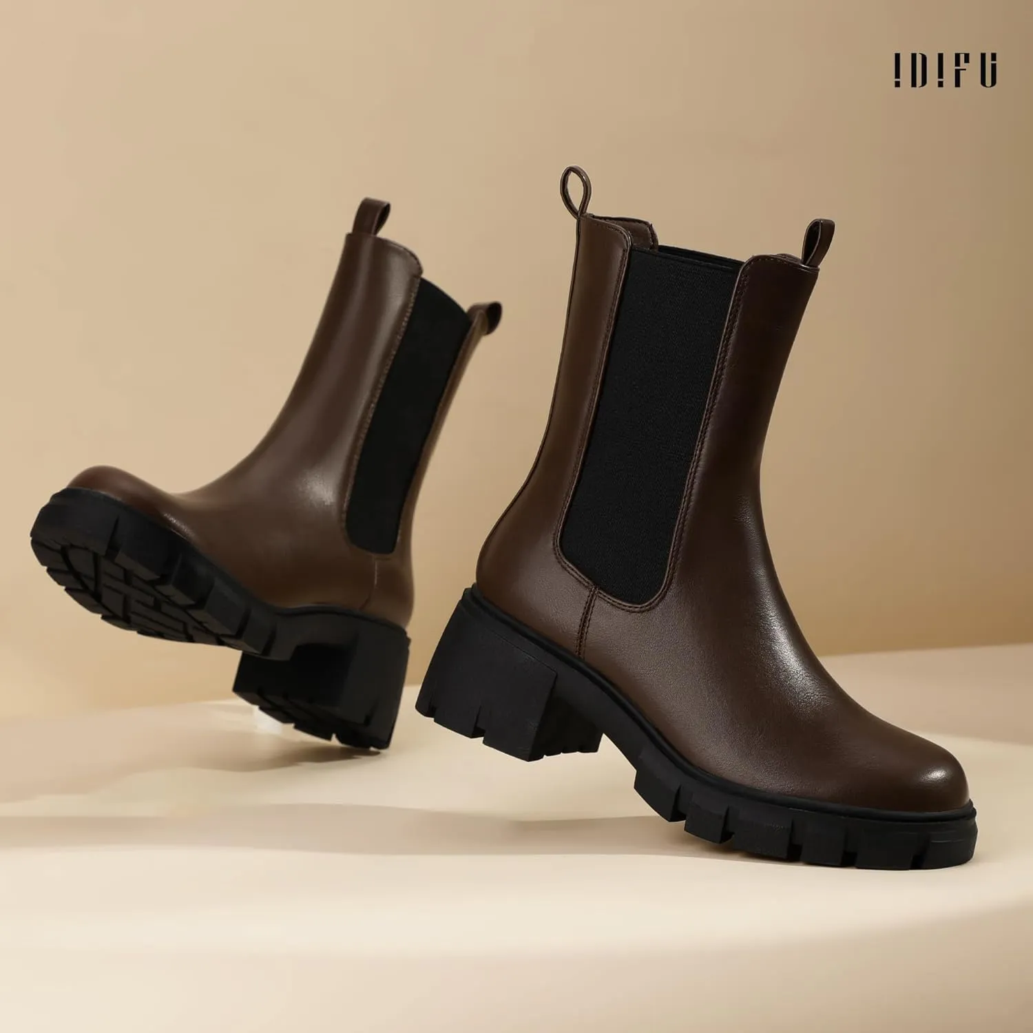 IDIFU IN2 Chelsea Ankle Boots for Women Low Short Block Chunky Heel Mid Calf Slip On Lug Sole Platform Fall Dress Booties Ladies Fashion Comfortable Casual Cute Trendy Elastic Thick Boots