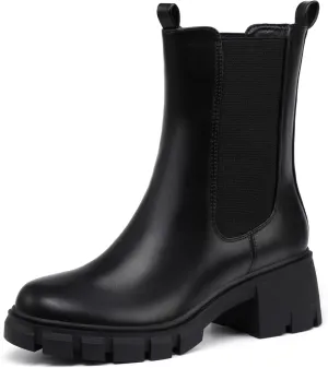 IDIFU IN2 Chelsea Ankle Boots for Women Low Short Block Chunky Heel Mid Calf Slip On Lug Sole Platform Fall Dress Booties Ladies Fashion Comfortable Casual Cute Trendy Elastic Thick Boots