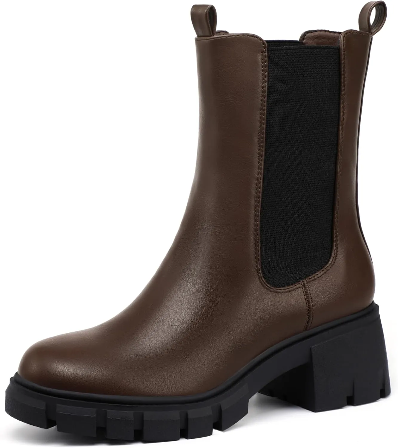 IDIFU IN2 Chelsea Ankle Boots for Women Low Short Block Chunky Heel Mid Calf Slip On Lug Sole Platform Fall Dress Booties Ladies Fashion Comfortable Casual Cute Trendy Elastic Thick Boots
