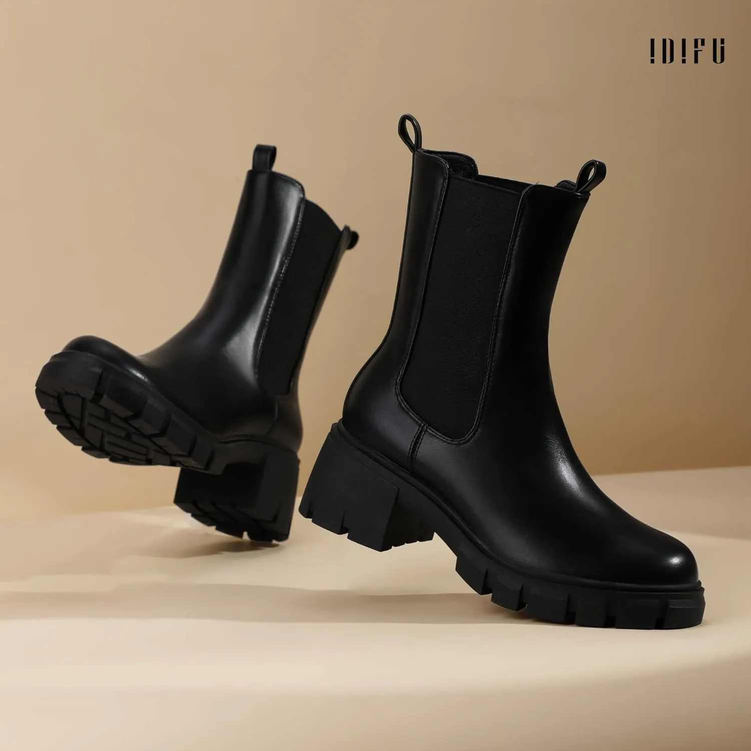 IDIFU IN2 Chelsea Ankle Boots for Women Low Short Block Chunky Heel Mid Calf Slip On Lug Sole Platform Fall Dress Booties Ladies Fashion Comfortable Casual Cute Trendy Elastic Thick Boots