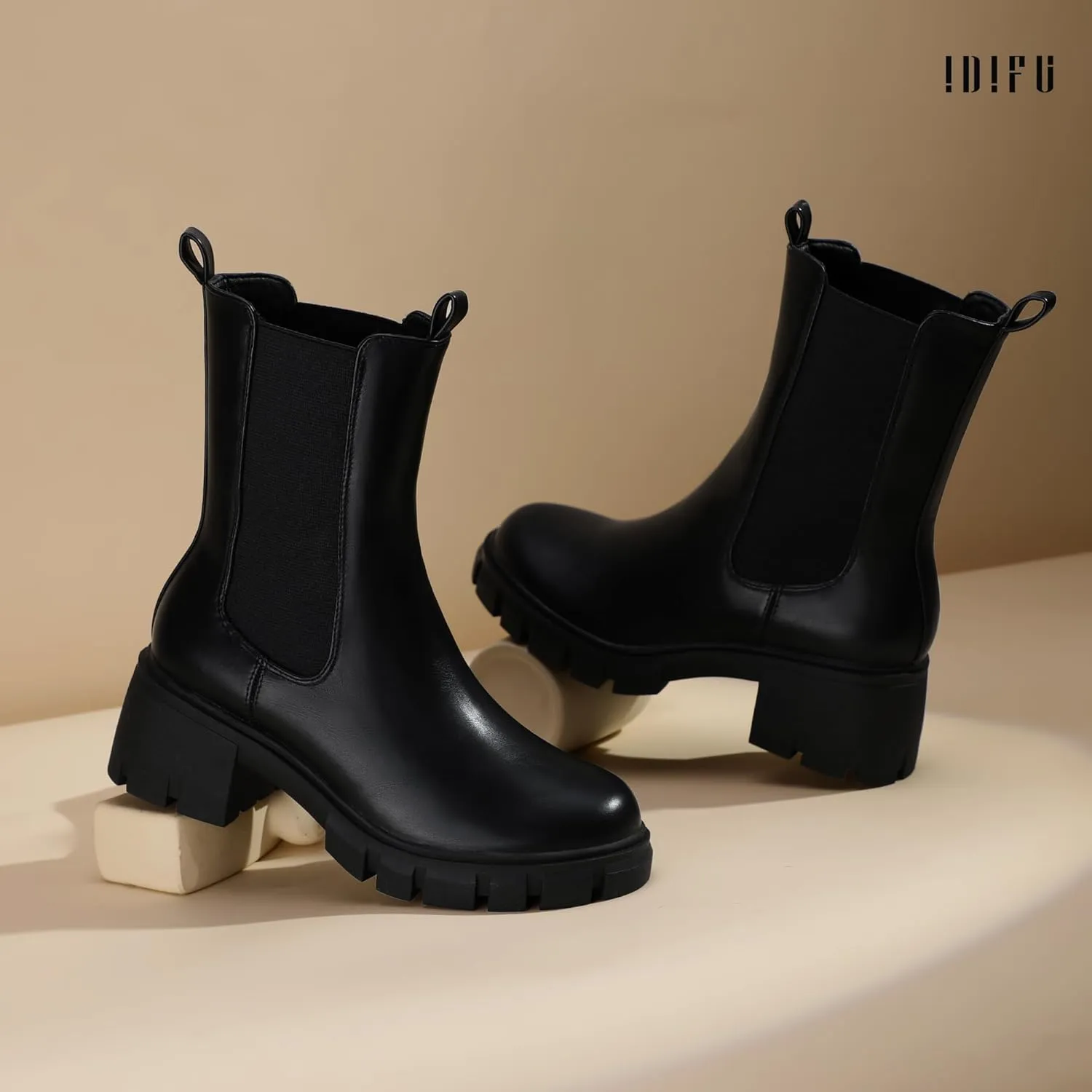 IDIFU IN2 Chelsea Ankle Boots for Women Low Short Block Chunky Heel Mid Calf Slip On Lug Sole Platform Fall Dress Booties Ladies Fashion Comfortable Casual Cute Trendy Elastic Thick Boots