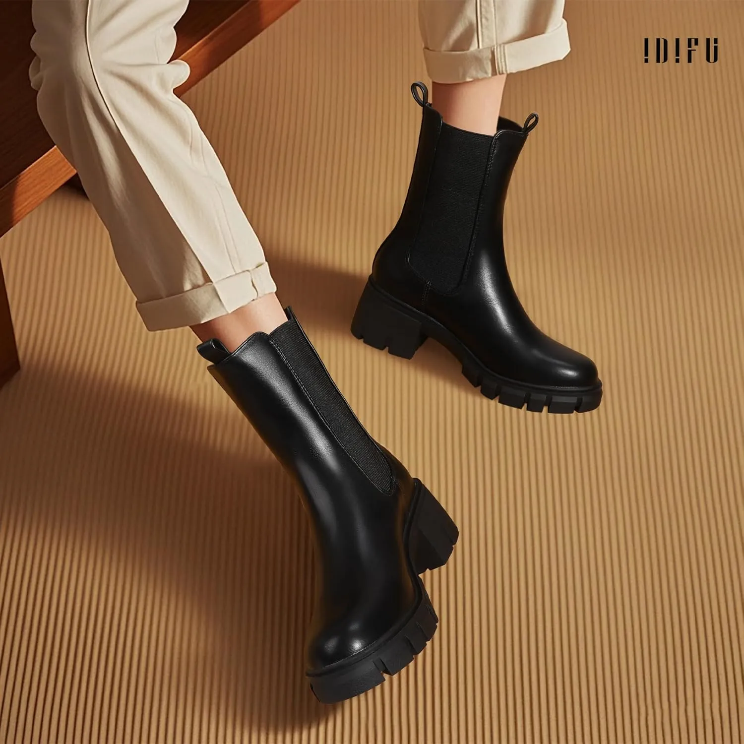 IDIFU IN2 Chelsea Ankle Boots for Women Low Short Block Chunky Heel Mid Calf Slip On Lug Sole Platform Fall Dress Booties Ladies Fashion Comfortable Casual Cute Trendy Elastic Thick Boots
