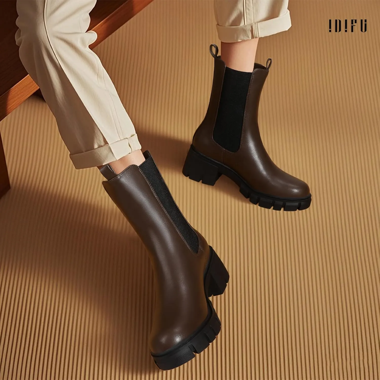 IDIFU IN2 Chelsea Ankle Boots for Women Low Short Block Chunky Heel Mid Calf Slip On Lug Sole Platform Fall Dress Booties Ladies Fashion Comfortable Casual Cute Trendy Elastic Thick Boots