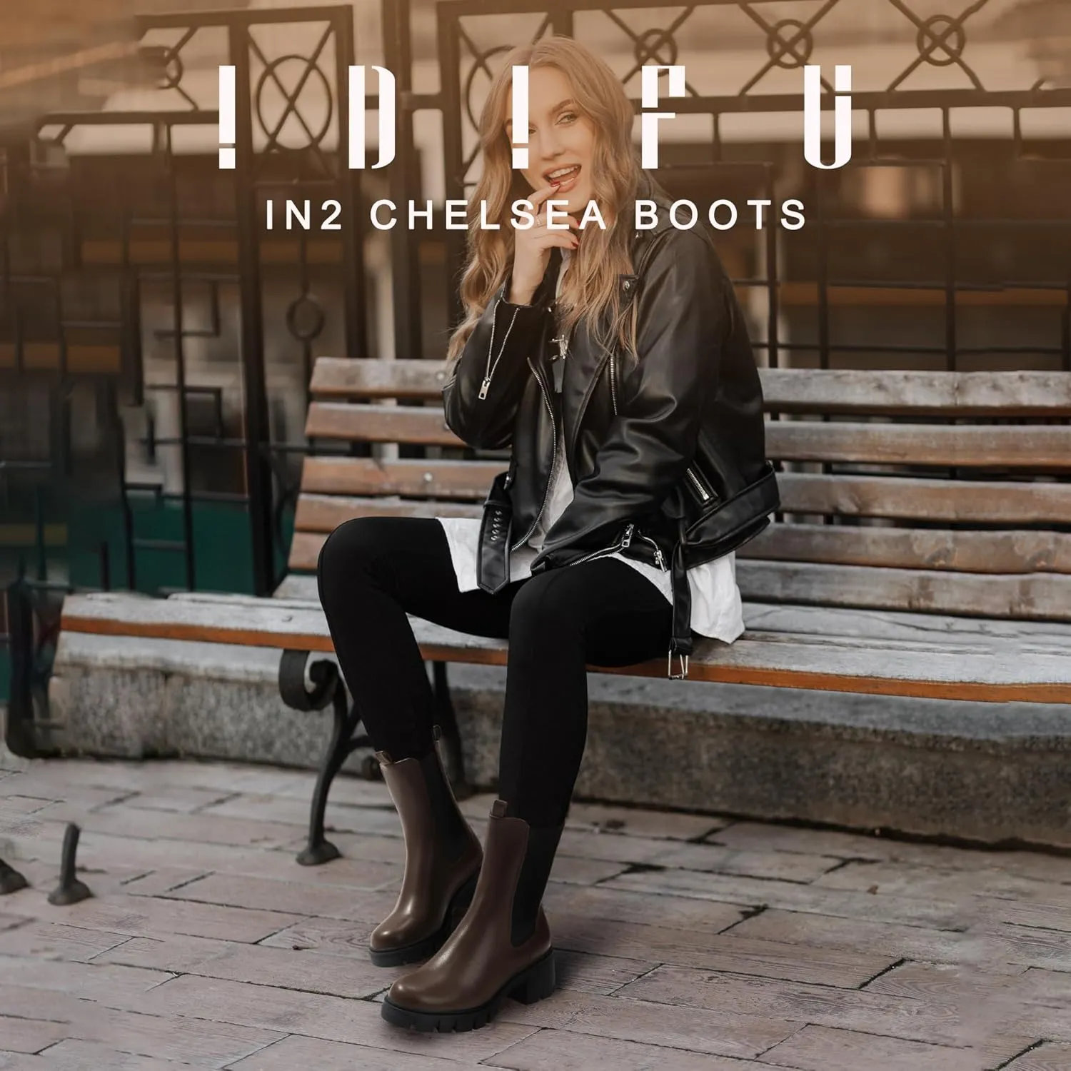 IDIFU IN2 Chelsea Ankle Boots for Women Low Short Block Chunky Heel Mid Calf Slip On Lug Sole Platform Fall Dress Booties Ladies Fashion Comfortable Casual Cute Trendy Elastic Thick Boots