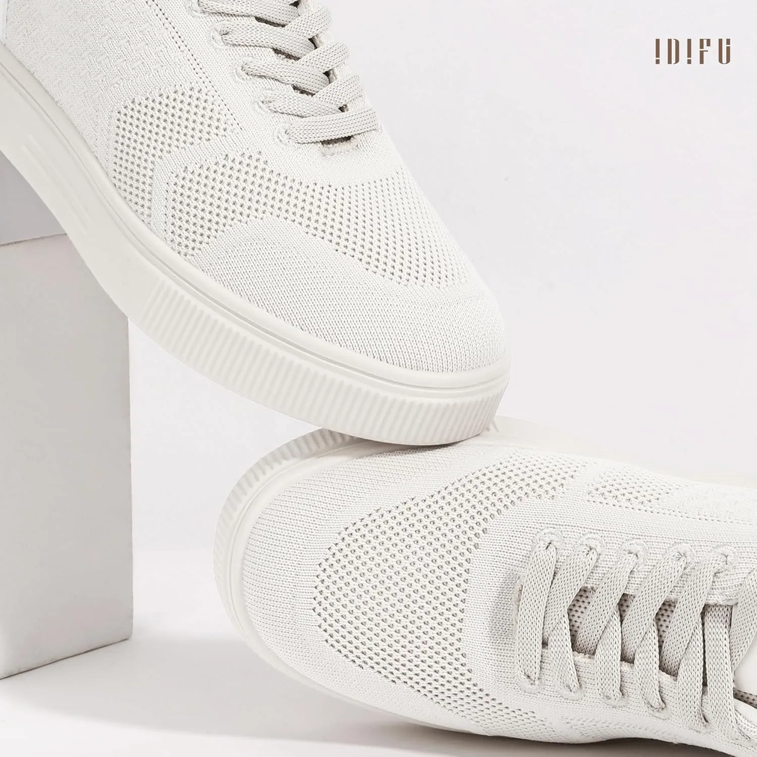 IDIFU Women's Fashion Sneakers Knit Lace Up Mesh Sneakers Ladies Casual Comfortable Dressy Trendy Tennis Shoes Spring Business Walking Work Office Travel Low Top Slide Slip On Flat Sneakers Shoes