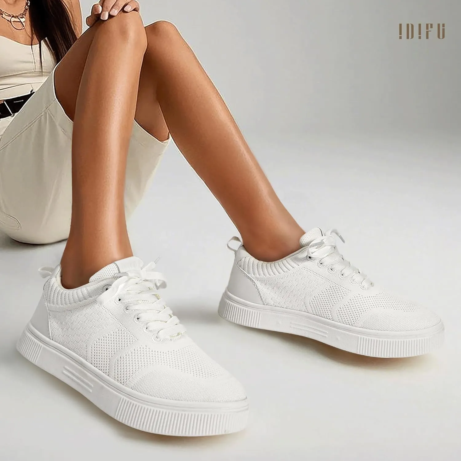 IDIFU Women's Fashion Sneakers Knit Lace Up Mesh Sneakers Ladies Casual Comfortable Dressy Trendy Tennis Shoes Spring Business Walking Work Office Travel Low Top Slide Slip On Flat Sneakers Shoes