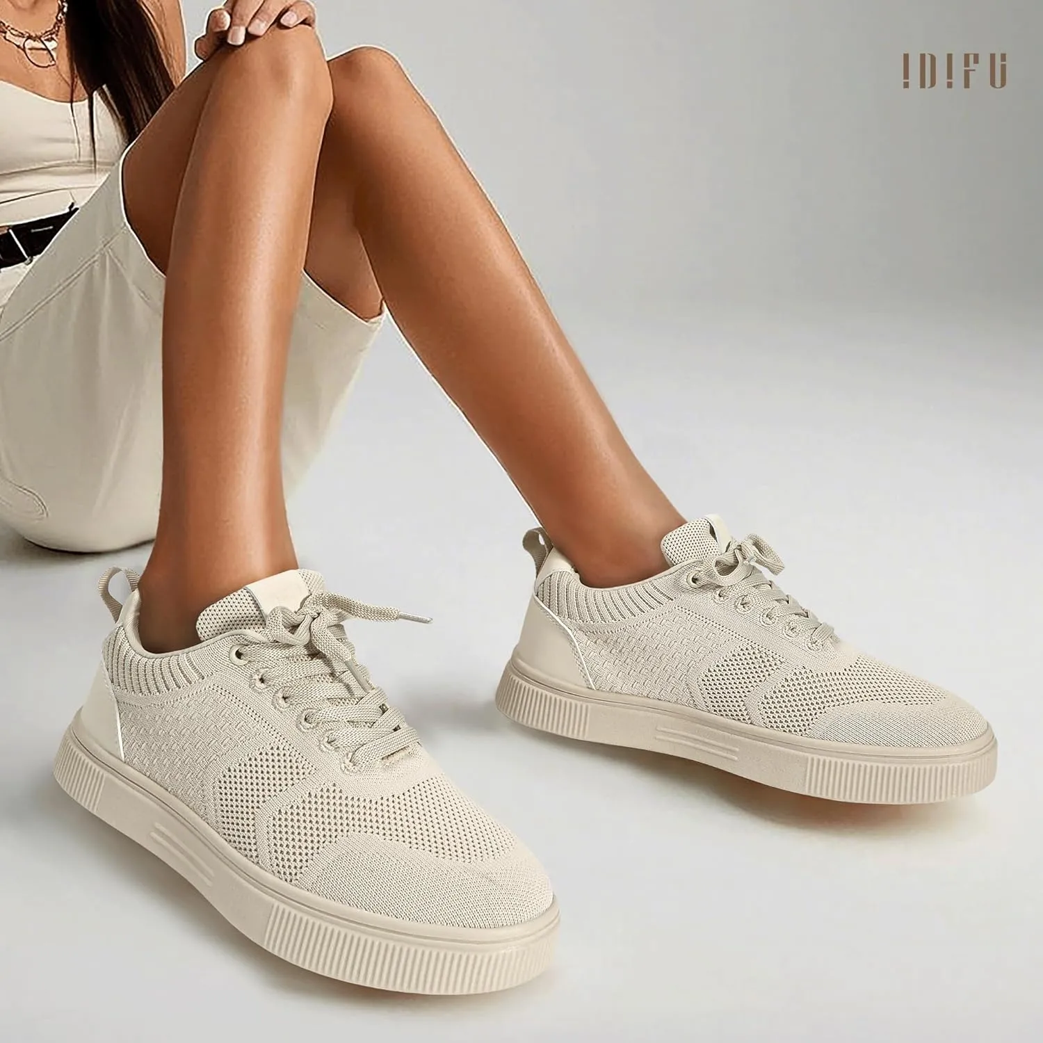 IDIFU Women's Fashion Sneakers Knit Lace Up Mesh Sneakers Ladies Casual Comfortable Dressy Trendy Tennis Shoes Spring Business Walking Work Office Travel Low Top Slide Slip On Flat Sneakers Shoes