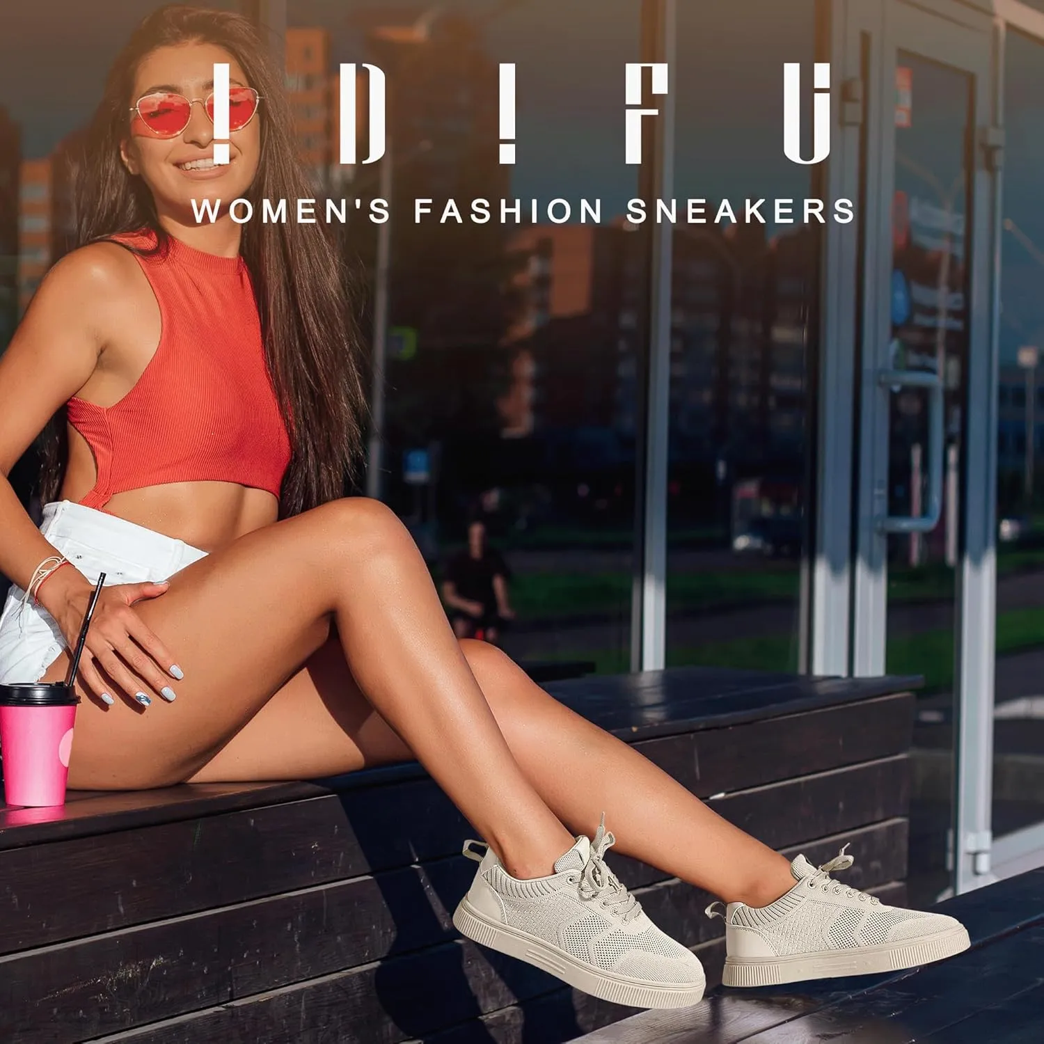 IDIFU Women's Fashion Sneakers Knit Lace Up Mesh Sneakers Ladies Casual Comfortable Dressy Trendy Tennis Shoes Spring Business Walking Work Office Travel Low Top Slide Slip On Flat Sneakers Shoes