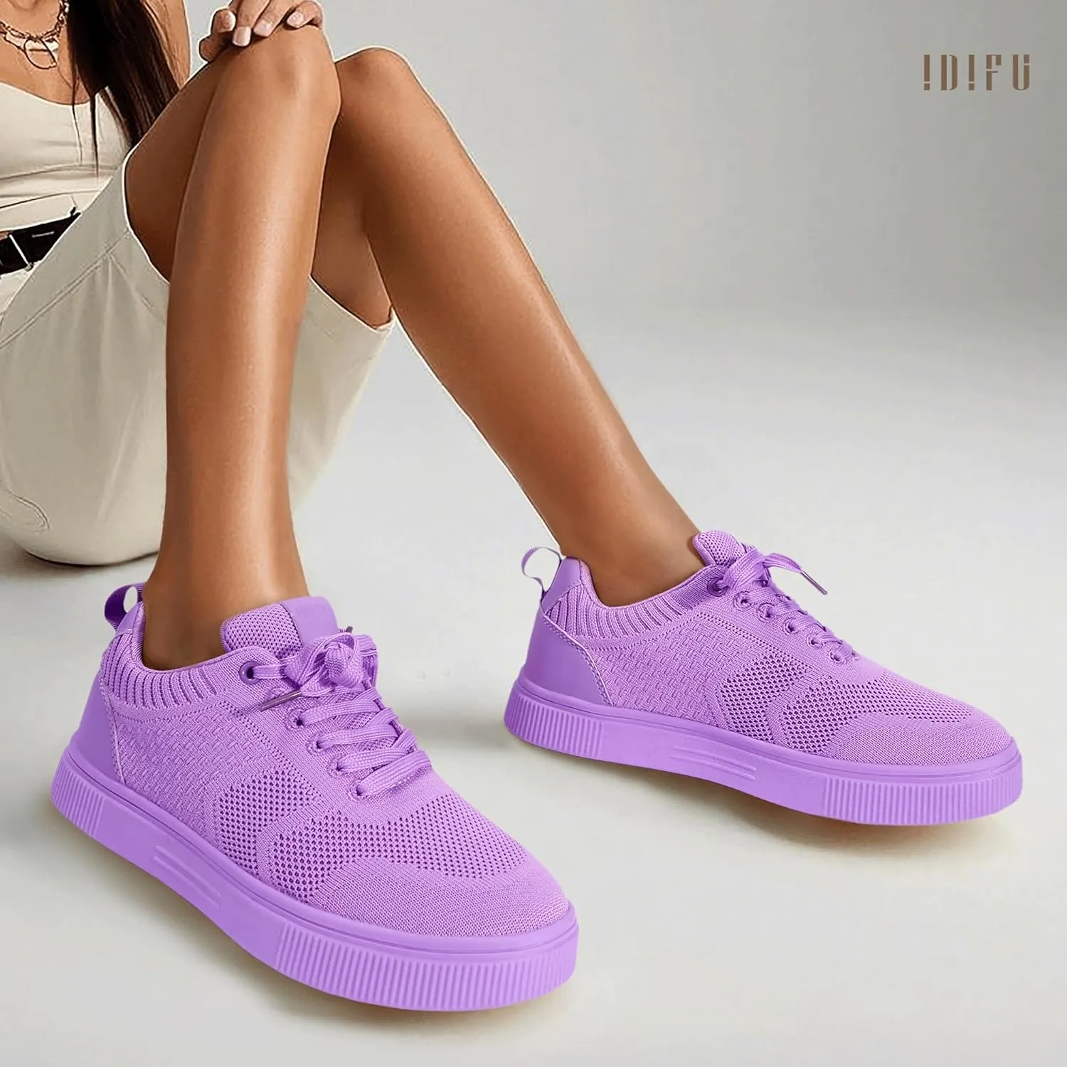 IDIFU Women's Fashion Sneakers Knit Lace Up Mesh Sneakers Ladies Casual Comfortable Dressy Trendy Tennis Shoes Spring Business Walking Work Office Travel Low Top Slide Slip On Flat Sneakers Shoes