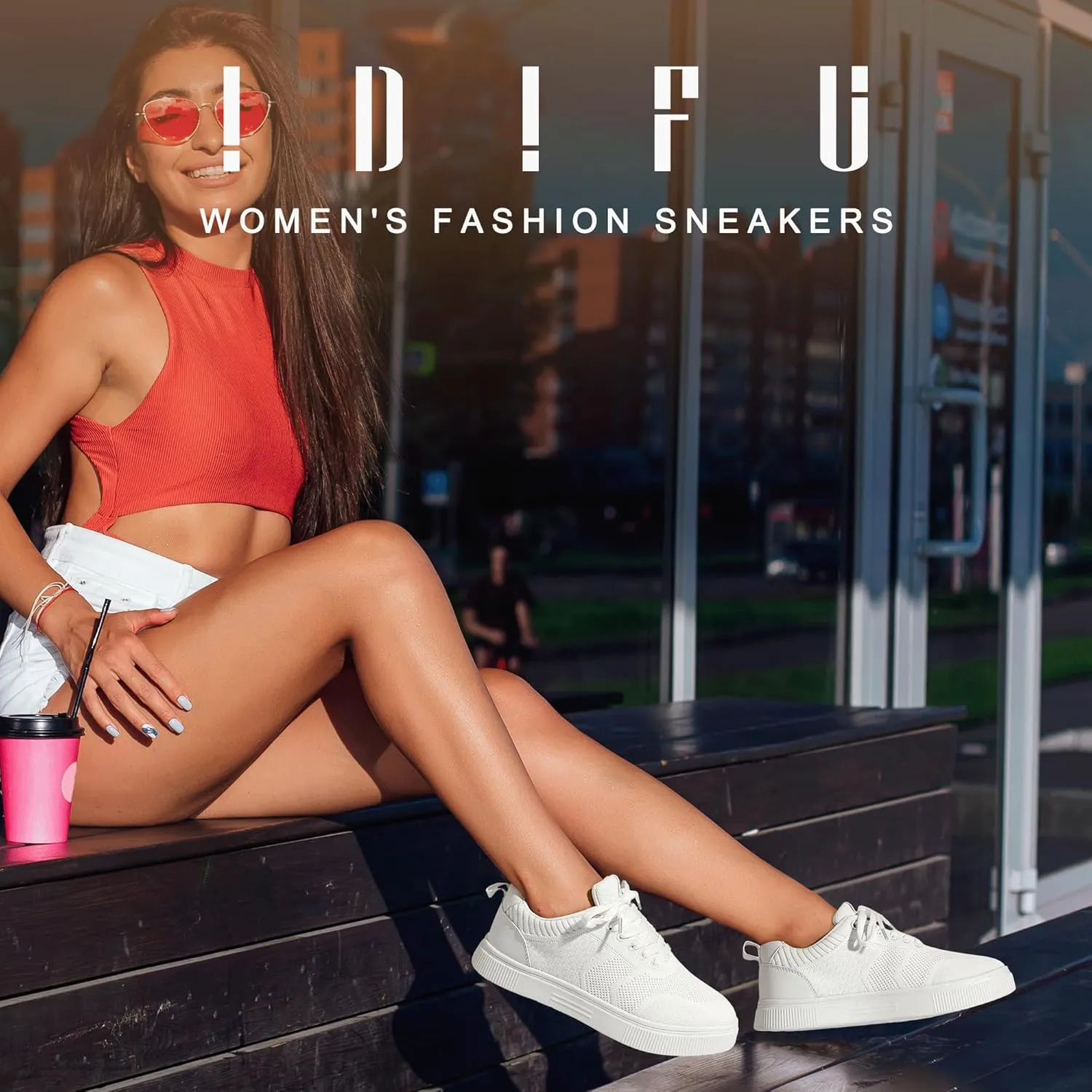 IDIFU Women's Fashion Sneakers Knit Lace Up Mesh Sneakers Ladies Casual Comfortable Dressy Trendy Tennis Shoes Spring Business Walking Work Office Travel Low Top Slide Slip On Flat Sneakers Shoes
