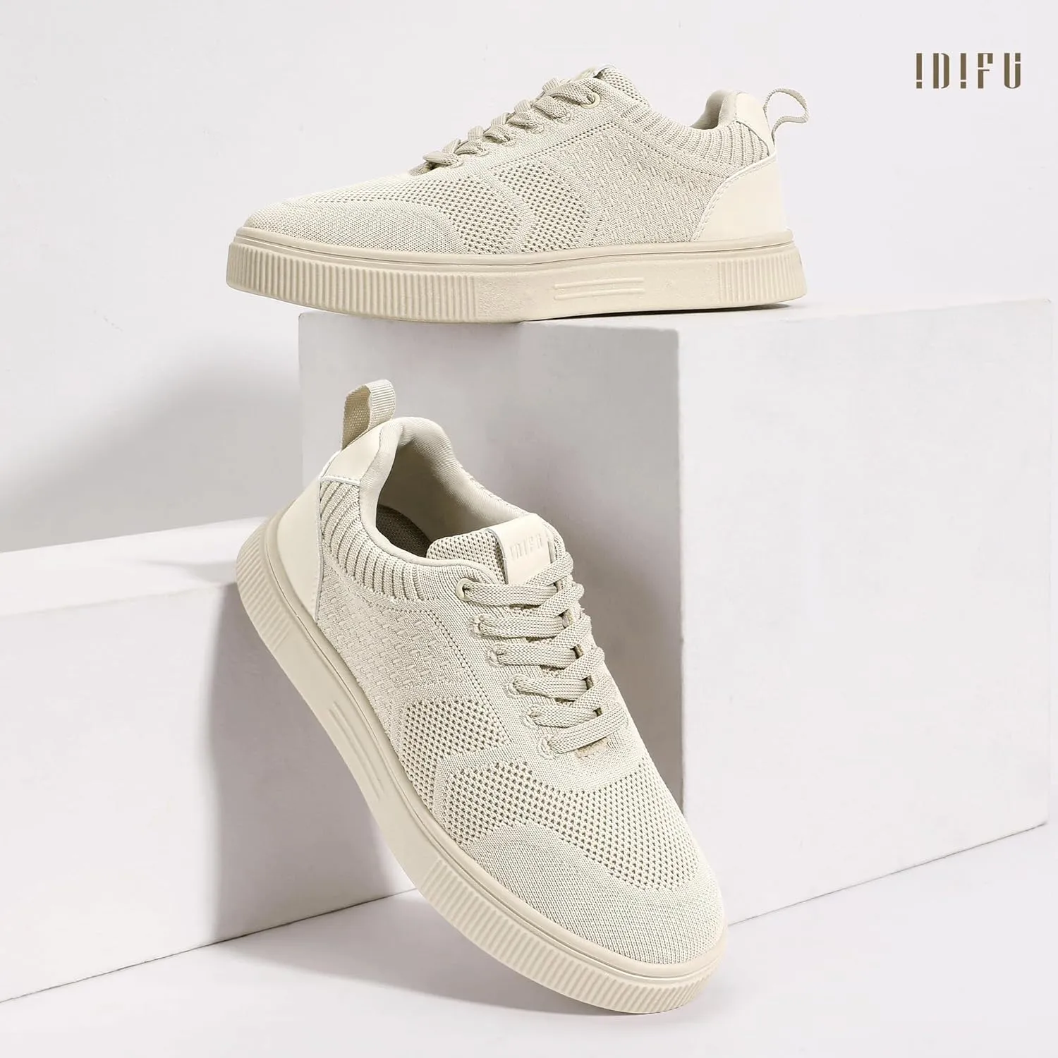 IDIFU Women's Fashion Sneakers Knit Lace Up Mesh Sneakers Ladies Casual Comfortable Dressy Trendy Tennis Shoes Spring Business Walking Work Office Travel Low Top Slide Slip On Flat Sneakers Shoes