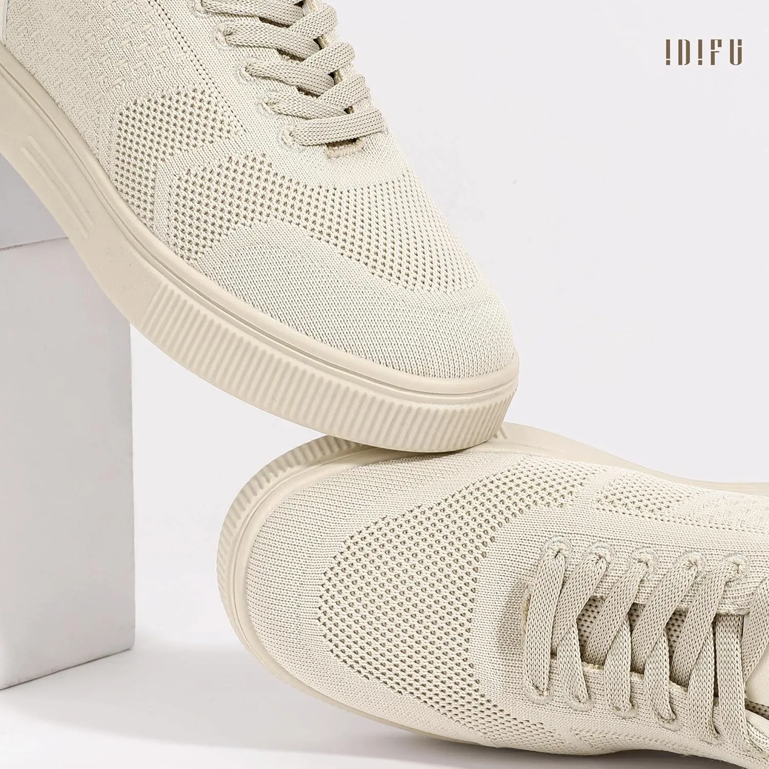 IDIFU Women's Fashion Sneakers Knit Lace Up Mesh Sneakers Ladies Casual Comfortable Dressy Trendy Tennis Shoes Spring Business Walking Work Office Travel Low Top Slide Slip On Flat Sneakers Shoes