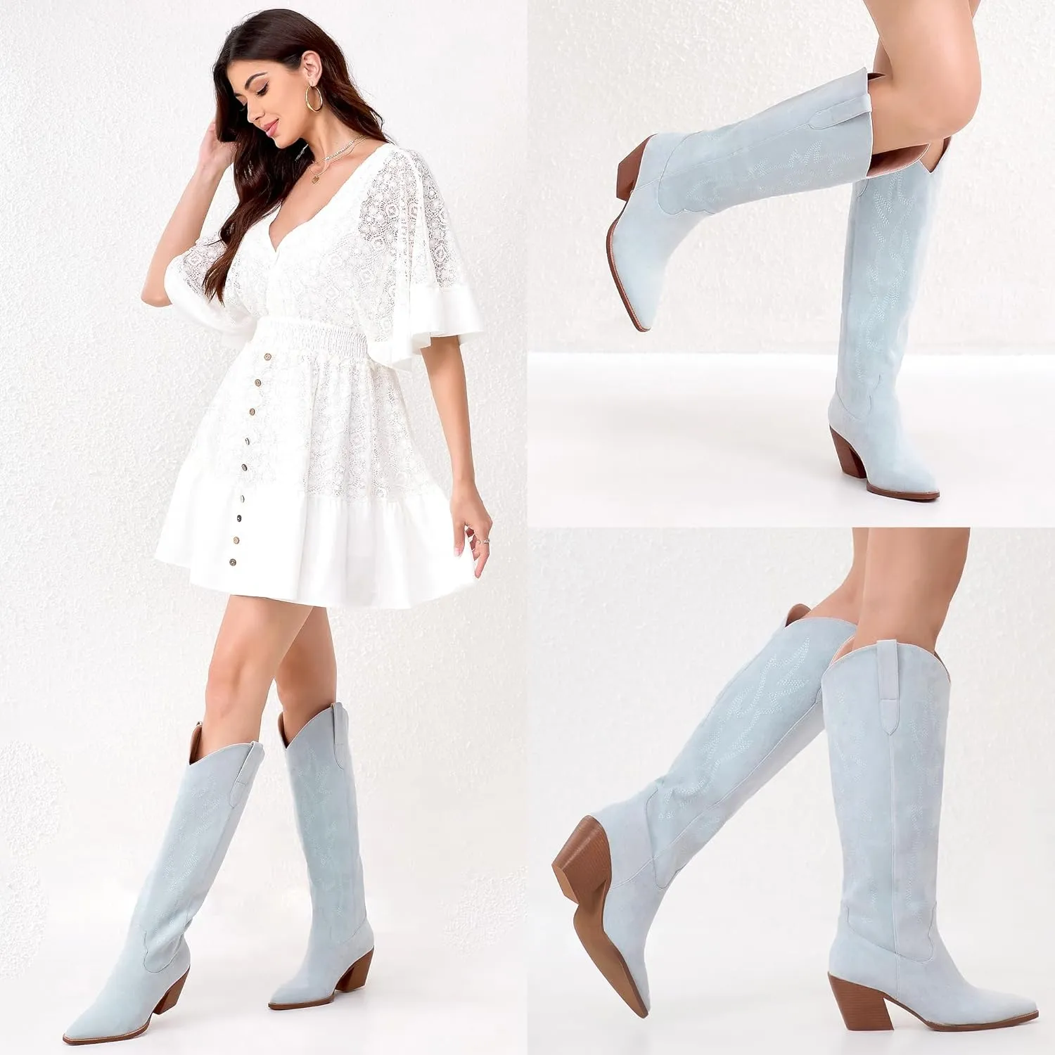 iiimmu Cowgirl Boots Women Knee High Boots Pointed Toe and Block Heel Cowboy Suede and Faux Leather Boots with Embroidered