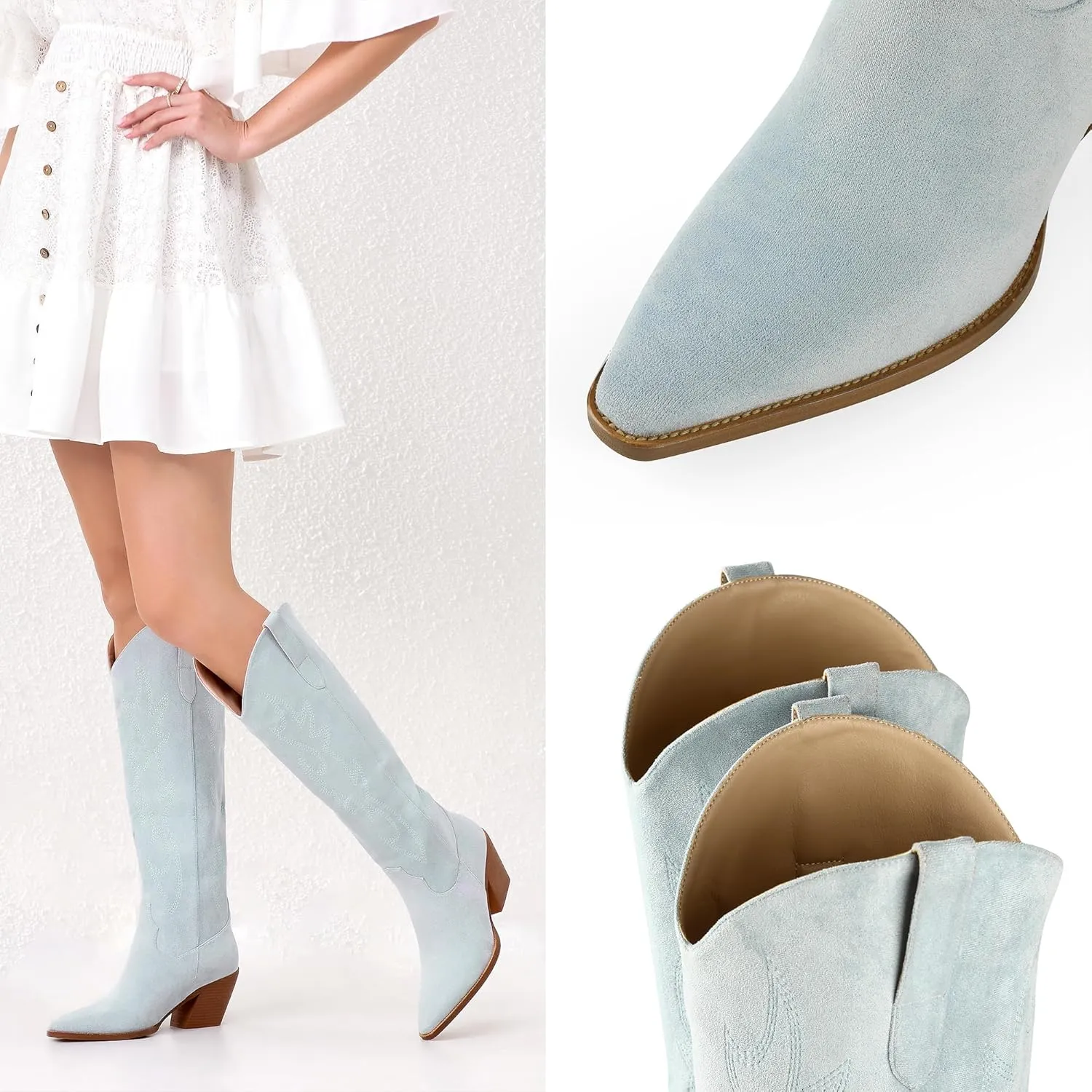 iiimmu Cowgirl Boots Women Knee High Boots Pointed Toe and Block Heel Cowboy Suede and Faux Leather Boots with Embroidered