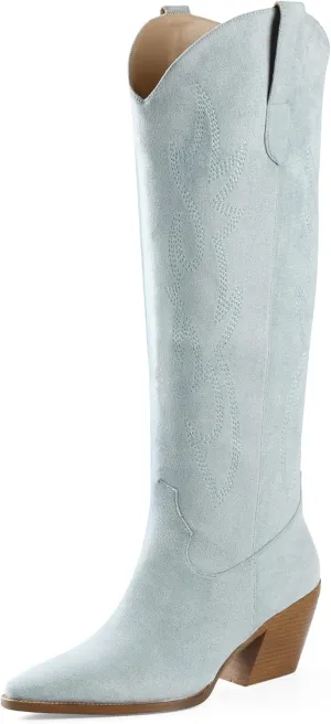 iiimmu Cowgirl Boots Women Knee High Boots Pointed Toe and Block Heel Cowboy Suede and Faux Leather Boots with Embroidered