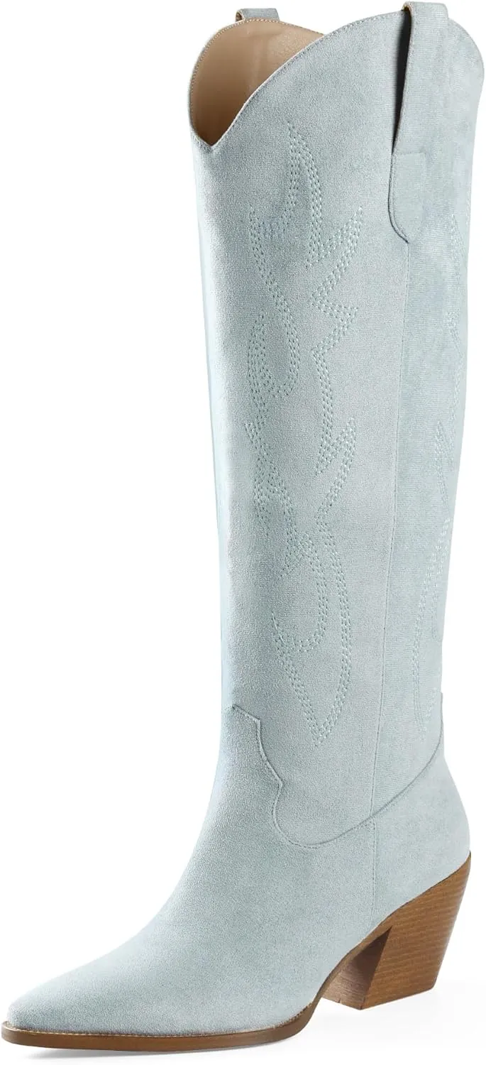 iiimmu Cowgirl Boots Women Knee High Boots Pointed Toe and Block Heel Cowboy Suede and Faux Leather Boots with Embroidered