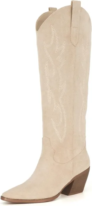 iiimmu Cowgirl Boots Women Knee High Boots Pointed Toe and Block Heel Cowboy Suede and Faux Leather Boots with Embroidered