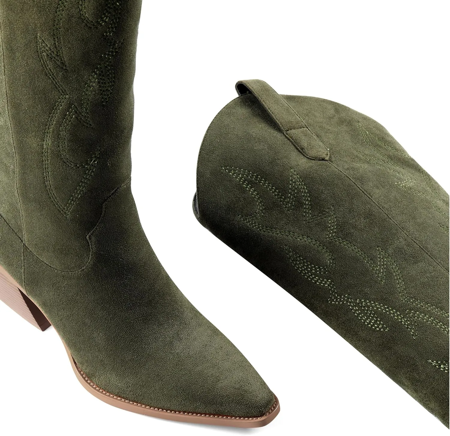 iiimmu Cowgirl Boots Women Knee High Boots Pointed Toe and Block Heel Cowboy Suede and Faux Leather Boots with Embroidered