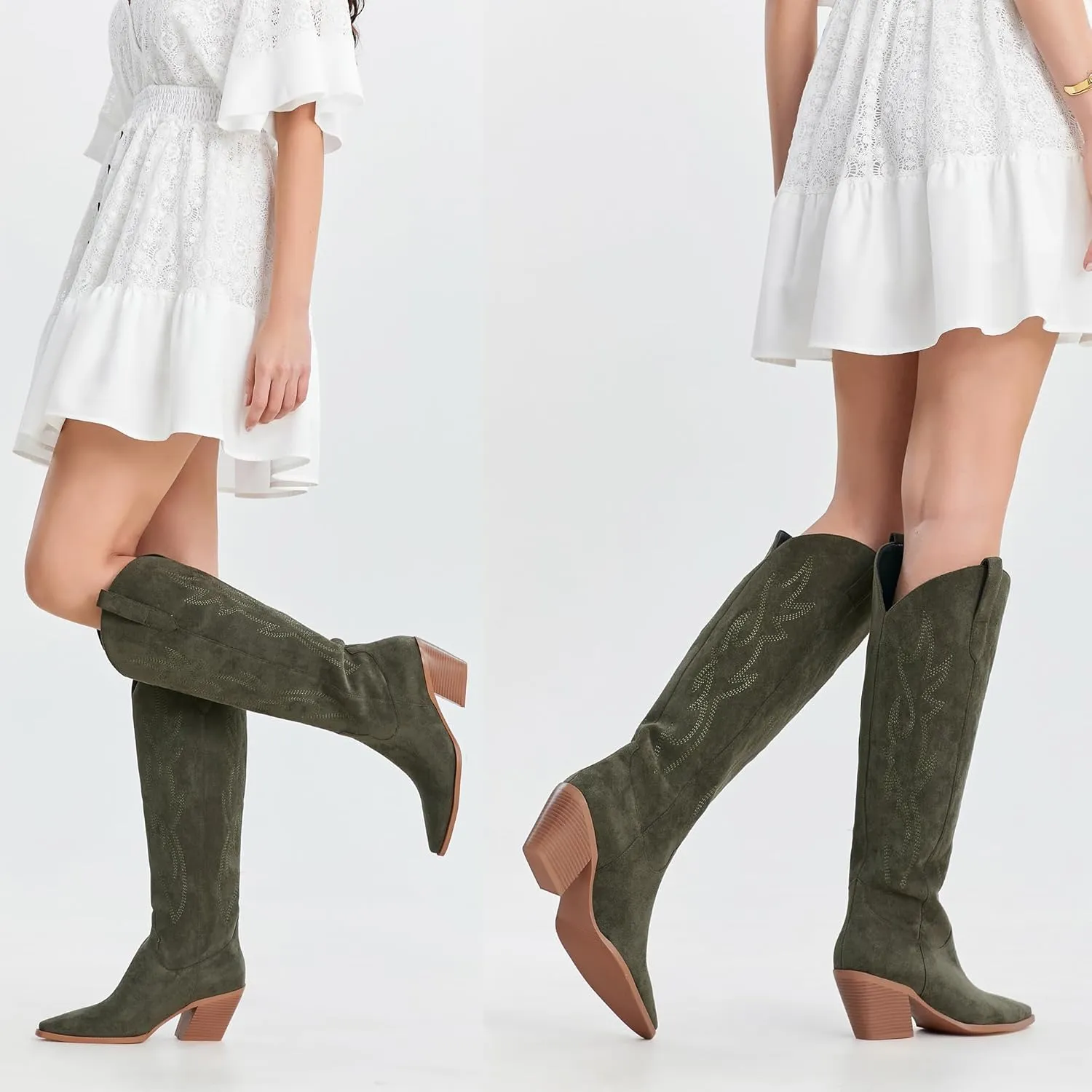 iiimmu Cowgirl Boots Women Knee High Boots Pointed Toe and Block Heel Cowboy Suede and Faux Leather Boots with Embroidered
