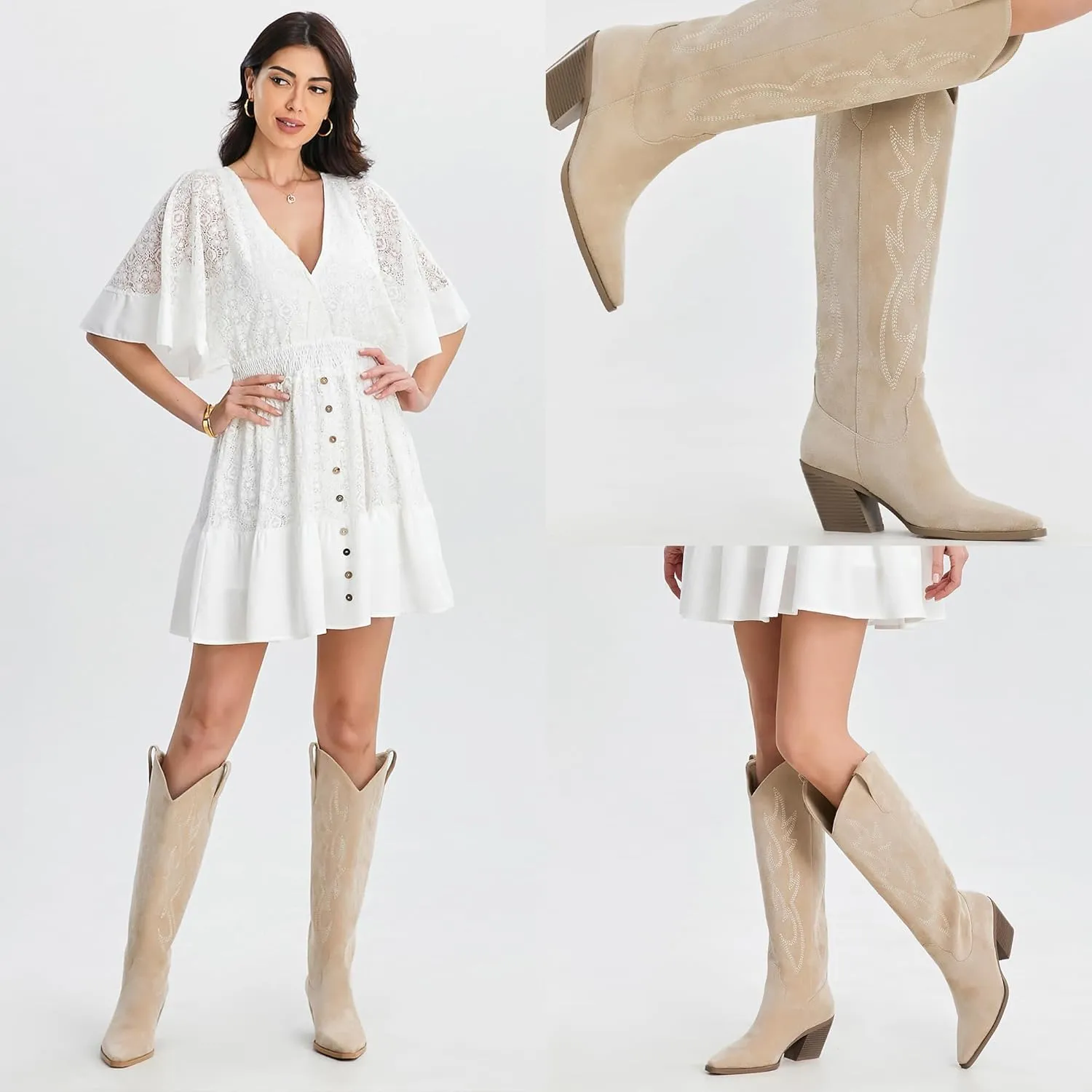iiimmu Cowgirl Boots Women Knee High Boots Pointed Toe and Block Heel Cowboy Suede and Faux Leather Boots with Embroidered