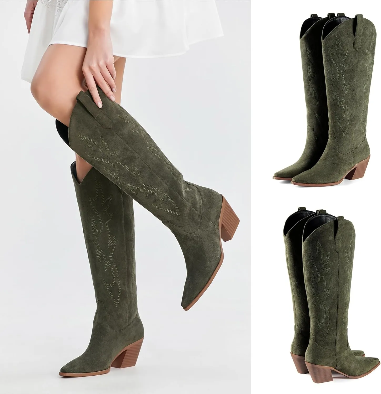 iiimmu Cowgirl Boots Women Knee High Boots Pointed Toe and Block Heel Cowboy Suede and Faux Leather Boots with Embroidered