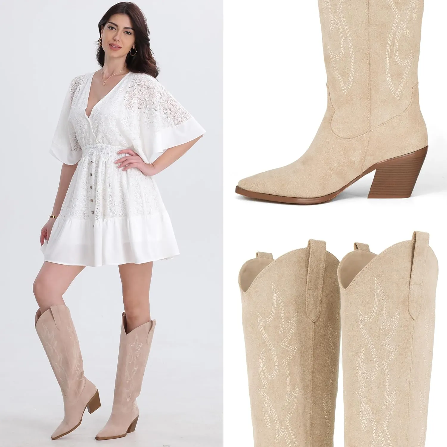 iiimmu Cowgirl Boots Women Knee High Boots Pointed Toe and Block Heel Cowboy Suede and Faux Leather Boots with Embroidered