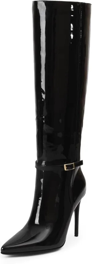 iiimmu Knee High Boots for Women 4.3 IN Stiletto High Heel Boots Zipperless Glossy Patent Leather Tall Boots Pointed Toe 16 IN Shaft