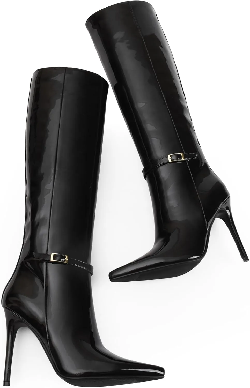 iiimmu Knee High Boots for Women 4.3 IN Stiletto High Heel Boots Zipperless Glossy Patent Leather Tall Boots Pointed Toe 16 IN Shaft