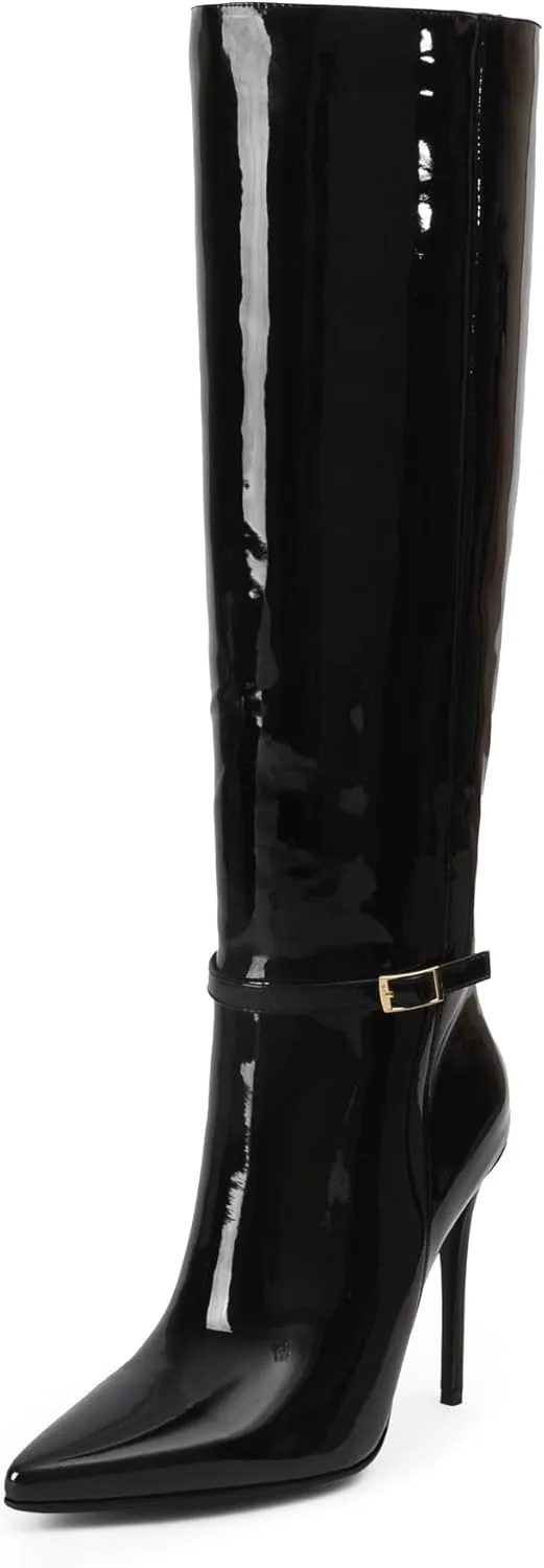 iiimmu Knee High Boots for Women 4.3 IN Stiletto High Heel Boots Zipperless Glossy Patent Leather Tall Boots Pointed Toe 16 IN Shaft