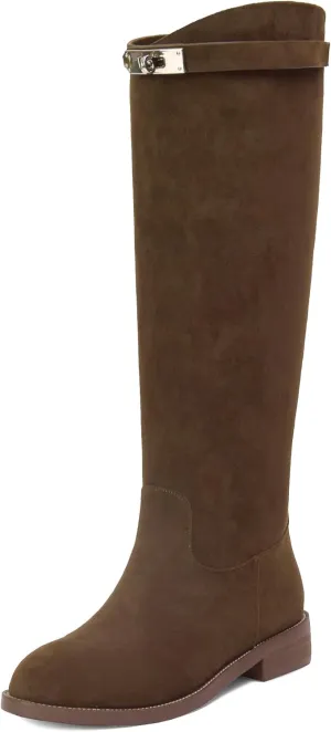 iiimmu Riding Boots for Women Silver Buckle Women's Knee High Boots Round Toe Faux Leather Motorcycle Style