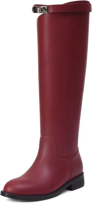 iiimmu Riding Boots for Women Silver Buckle Women's Knee High Boots Round Toe Faux Leather Motorcycle Style
