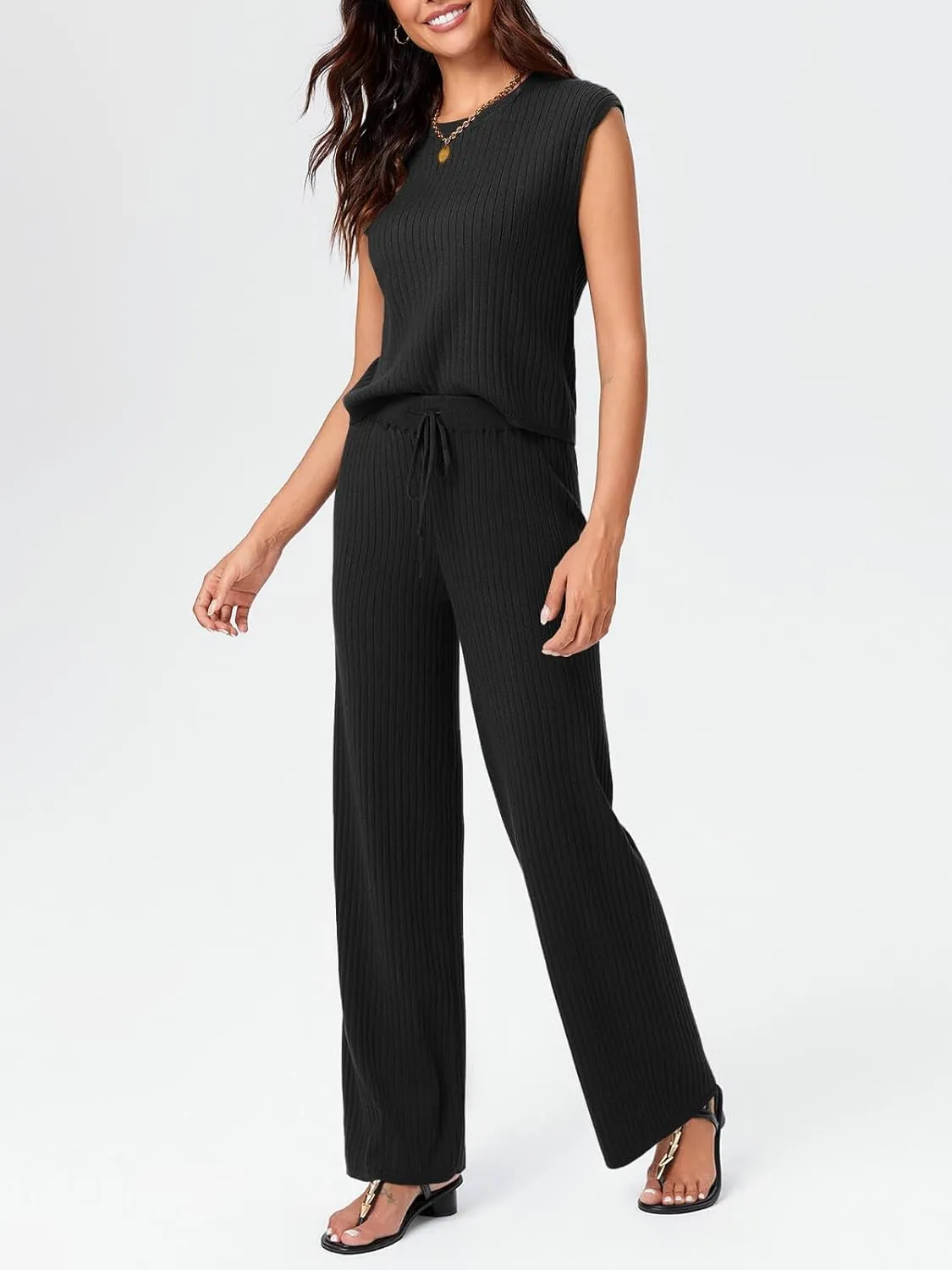Imily Bela Womens 2 Piece Outfits Sweater Sets Knit Summer Casual Crewneck Sleeveless Tops Wide Leg Pants Tracksuits