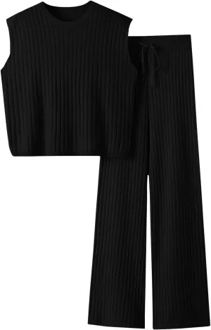 Imily Bela Womens 2 Piece Outfits Sweater Sets Knit Summer Casual Crewneck Sleeveless Tops Wide Leg Pants Tracksuits