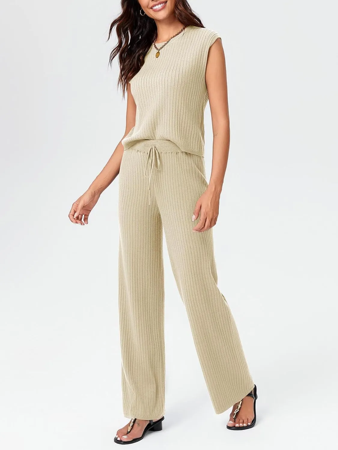 Imily Bela Womens 2 Piece Outfits Sweater Sets Knit Summer Casual Crewneck Sleeveless Tops Wide Leg Pants Tracksuits