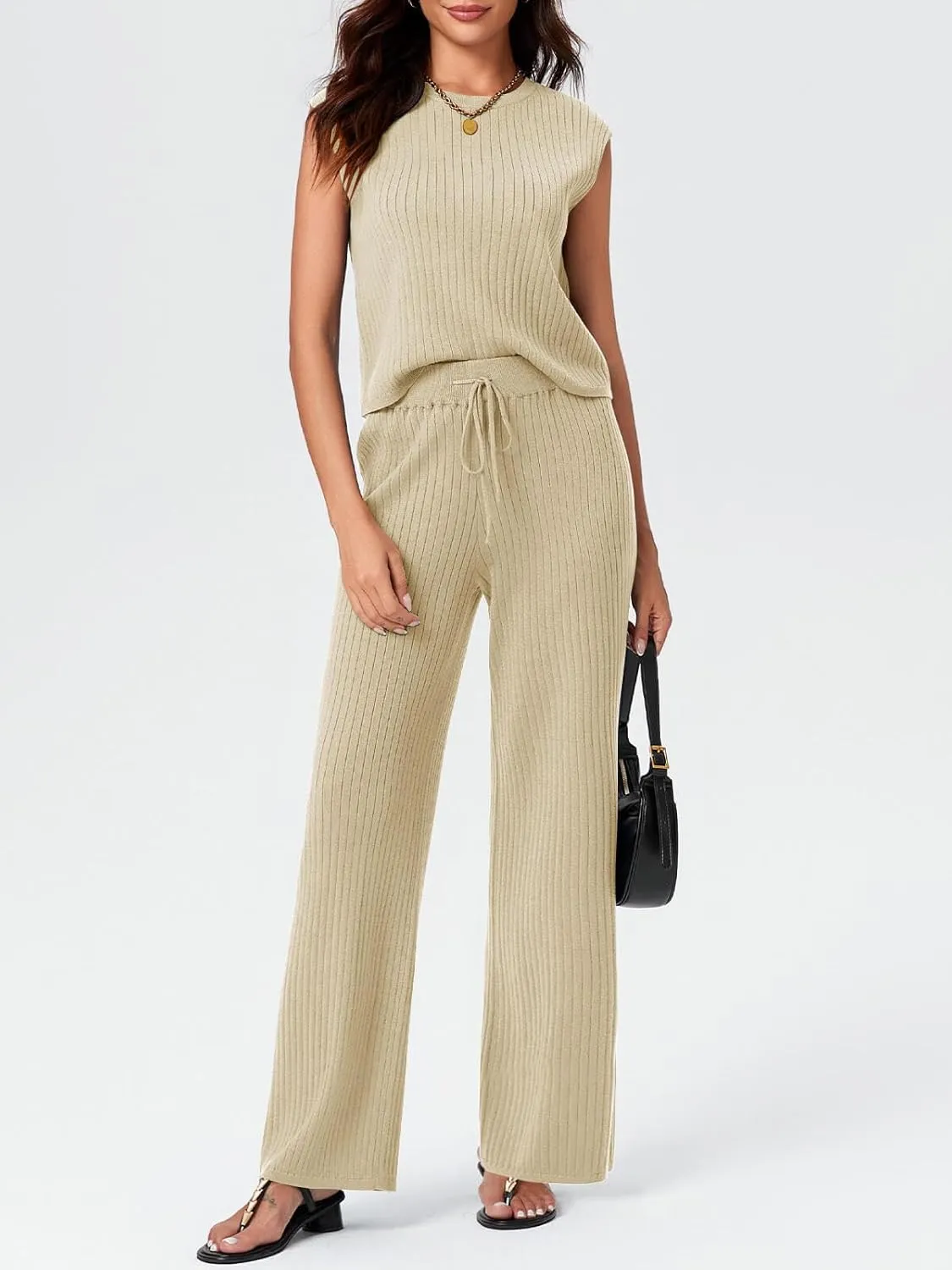 Imily Bela Womens 2 Piece Outfits Sweater Sets Knit Summer Casual Crewneck Sleeveless Tops Wide Leg Pants Tracksuits