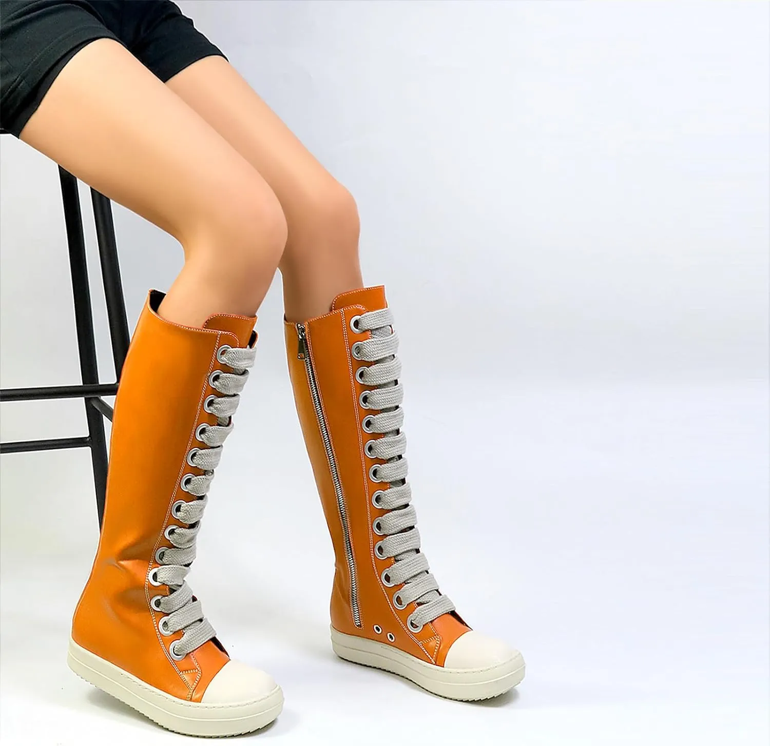 IMPREMEY Womens Knee-High School Bicycling Boots Thick Laces Comfort Platform Walking Boots with Zipper Campus Campaigns Boots