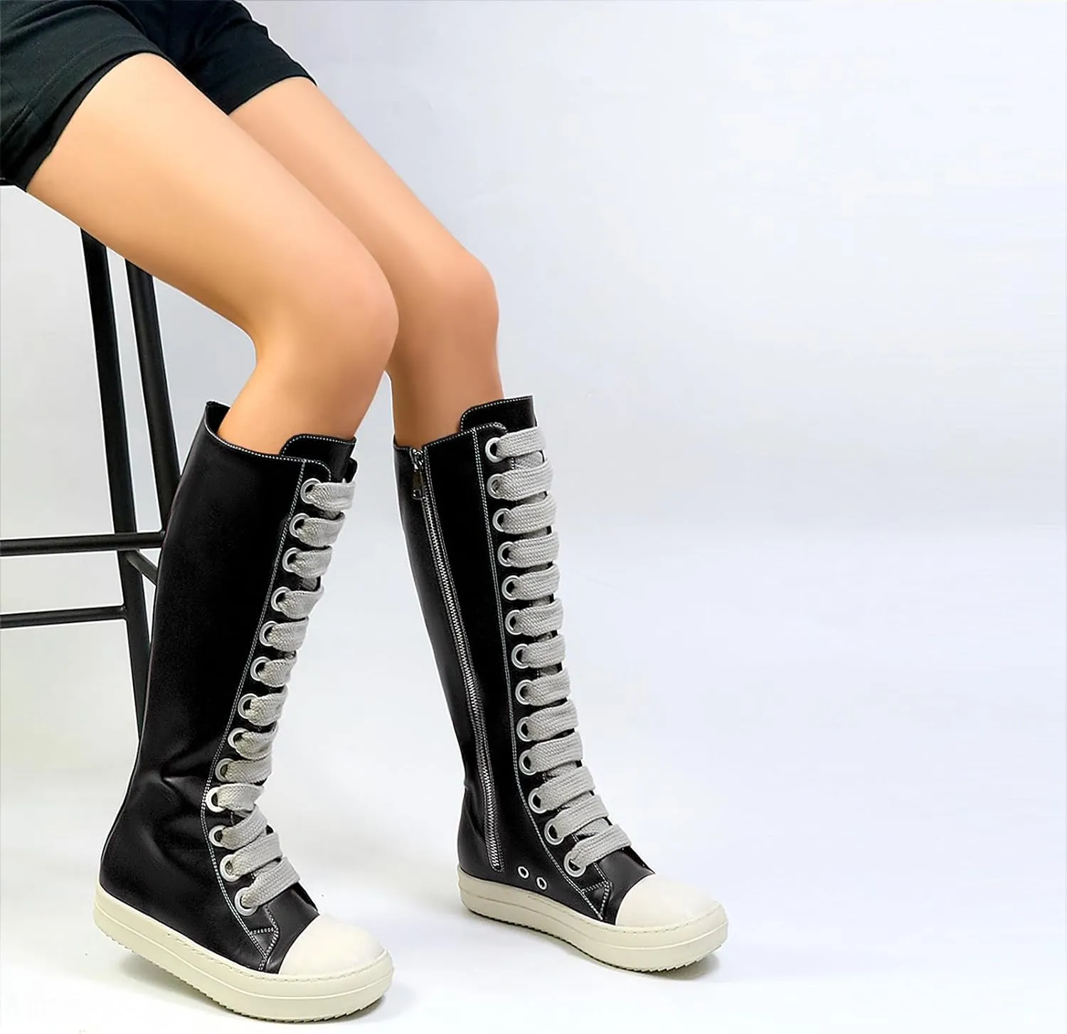 IMPREMEY Womens Knee-High School Bicycling Boots Thick Laces Comfort Platform Walking Boots with Zipper Campus Campaigns Boots