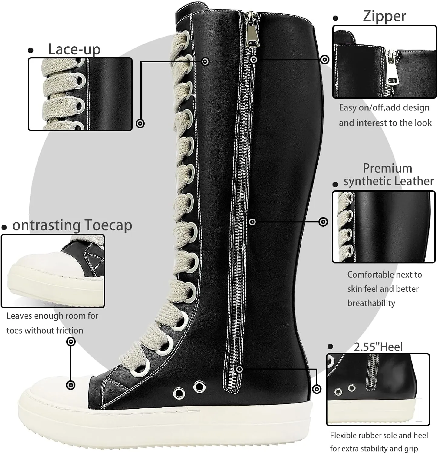 IMPREMEY Womens Knee-High School Bicycling Boots Thick Laces Comfort Platform Walking Boots with Zipper Campus Campaigns Boots