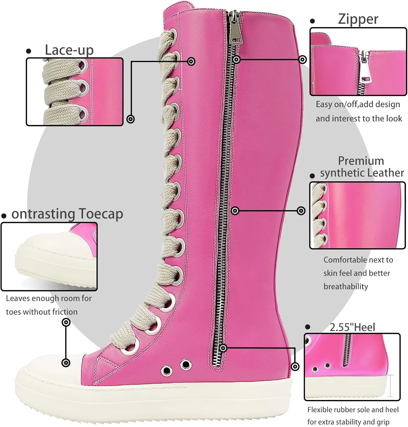 IMPREMEY Womens Knee-High School Bicycling Boots Thick Laces Comfort Platform Walking Boots with Zipper Campus Campaigns Boots