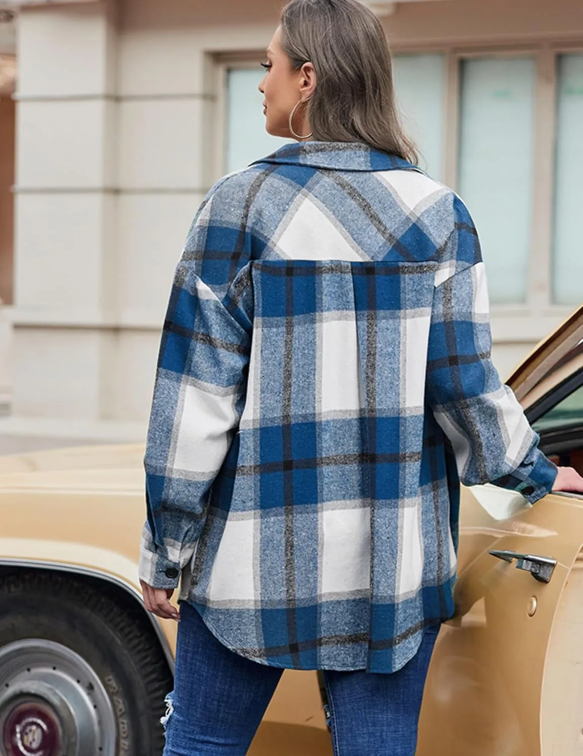 IN'VOLAND Womens Plus Size Shacket Jacket Flannel Plaid Long Sleeve Button Down Shirts Casual Fall Blouses Tops