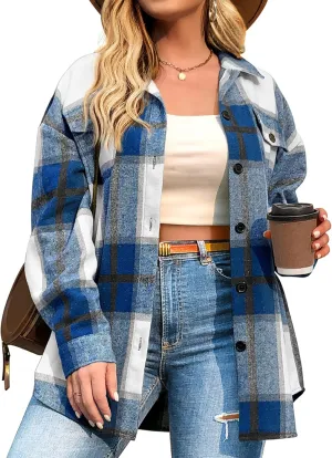 IN'VOLAND Womens Plus Size Shacket Jacket Flannel Plaid Long Sleeve Button Down Shirts Casual Fall Blouses Tops