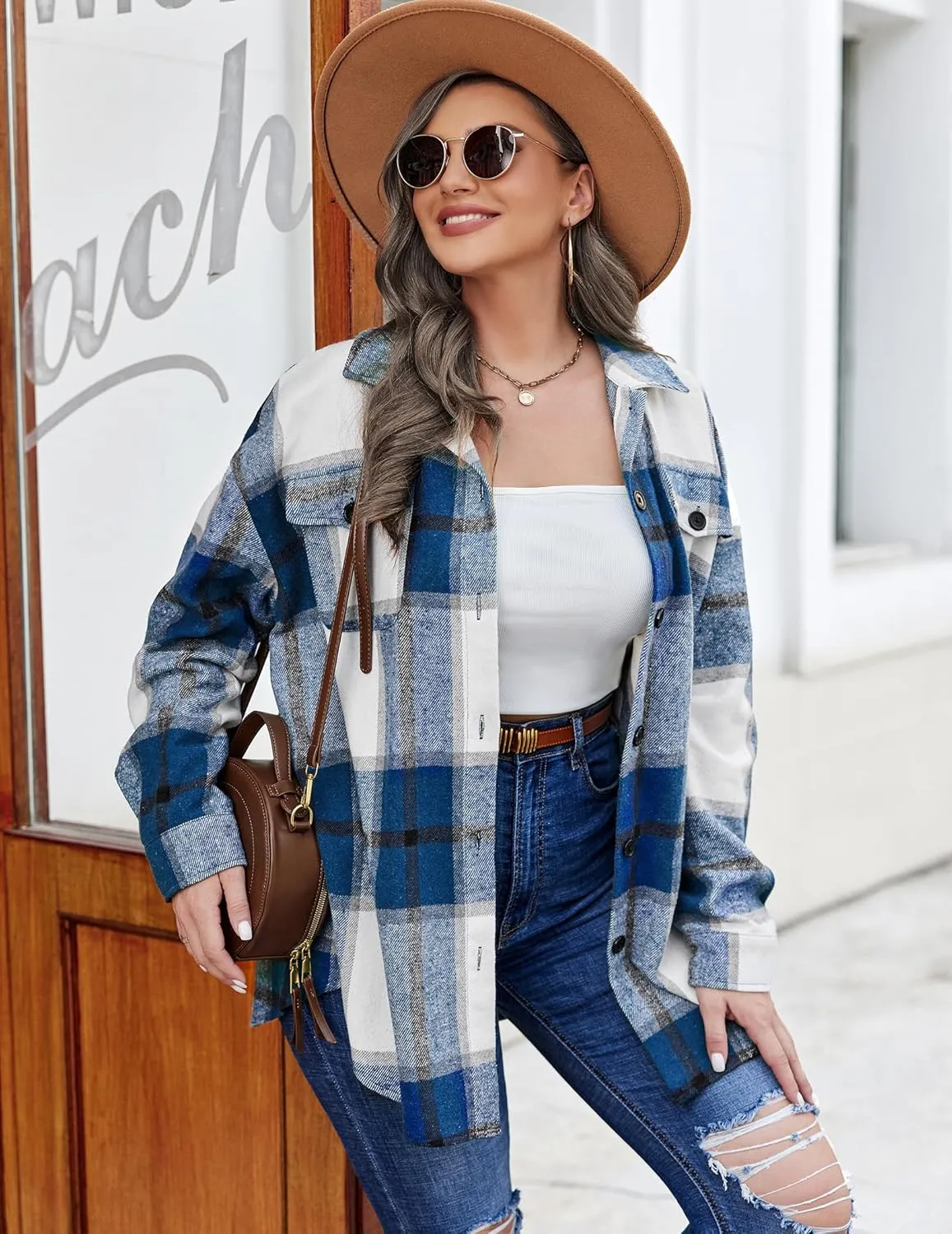 IN'VOLAND Womens Plus Size Shacket Jacket Flannel Plaid Long Sleeve Button Down Shirts Casual Fall Blouses Tops