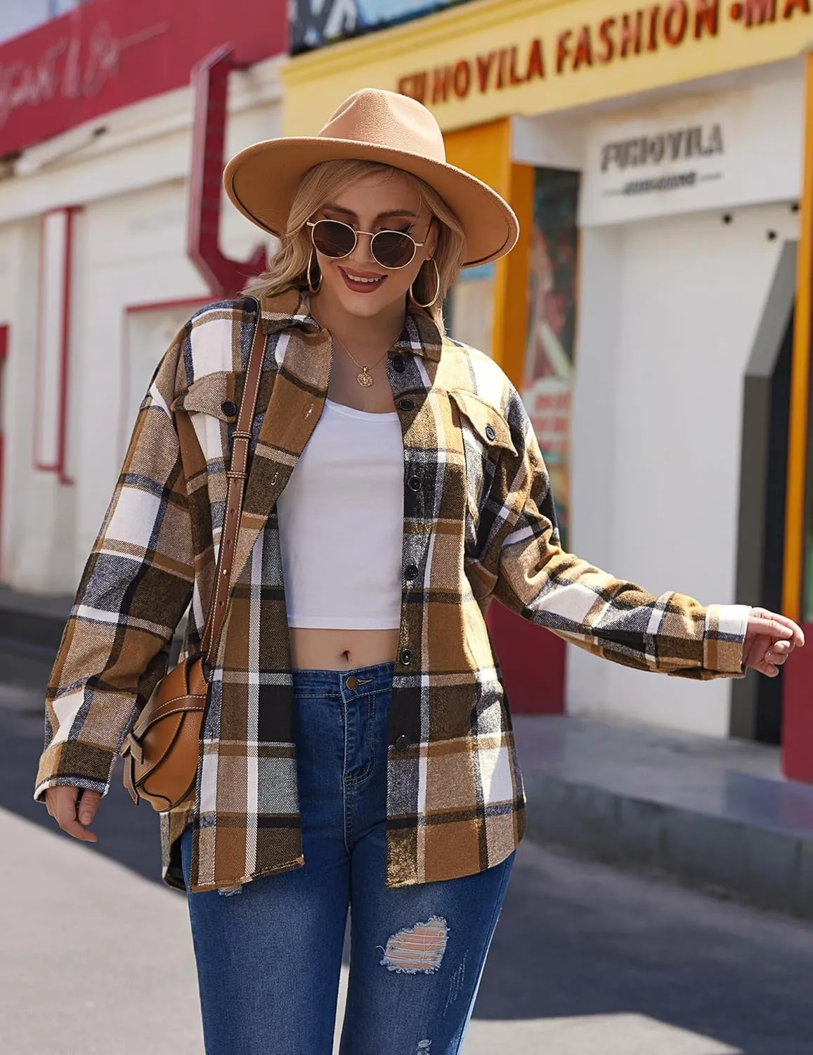 IN'VOLAND Womens Plus Size Shacket Jacket Flannel Plaid Long Sleeve Button Down Shirts Casual Fall Blouses Tops
