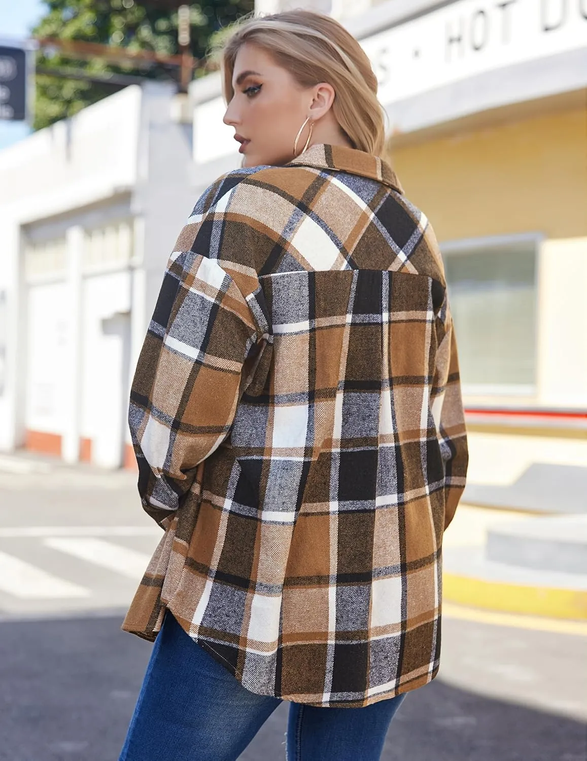 IN'VOLAND Womens Plus Size Shacket Jacket Flannel Plaid Long Sleeve Button Down Shirts Casual Fall Blouses Tops