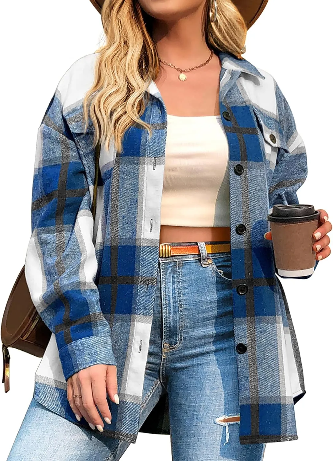 IN'VOLAND Womens Plus Size Shacket Jacket Flannel Plaid Long Sleeve Button Down Shirts Casual Fall Blouses Tops