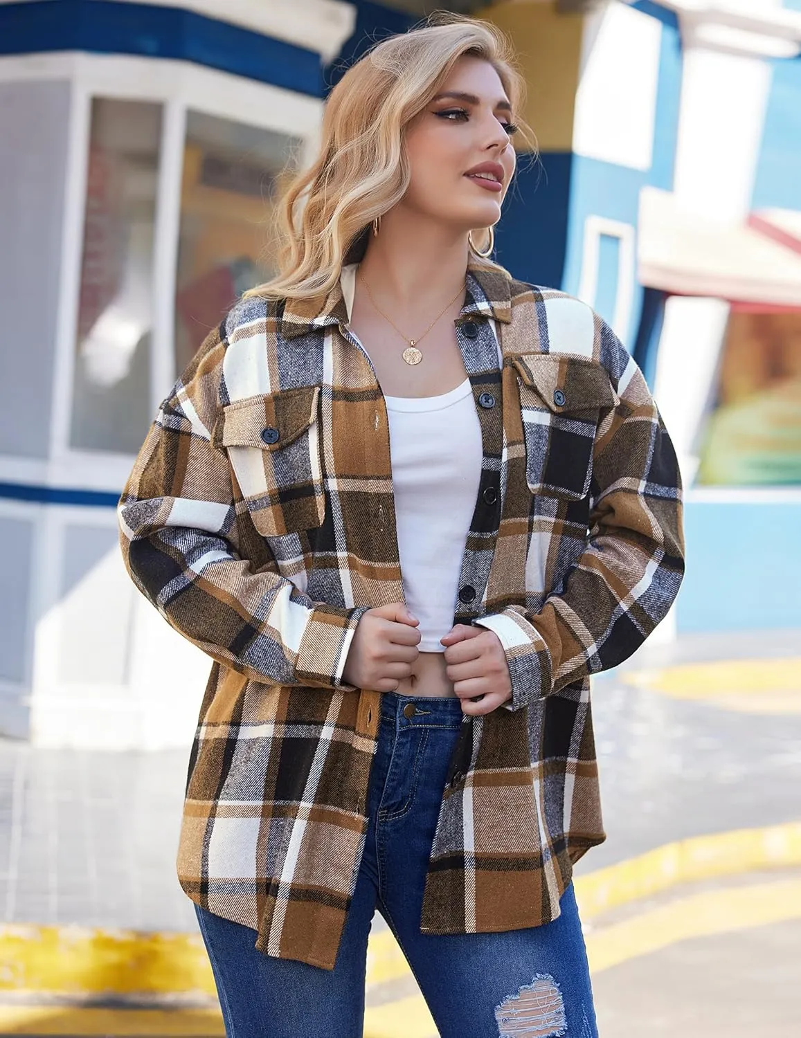 IN'VOLAND Womens Plus Size Shacket Jacket Flannel Plaid Long Sleeve Button Down Shirts Casual Fall Blouses Tops